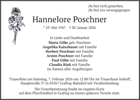 Traueranzeige von Hannelore Poschner von merkurtz