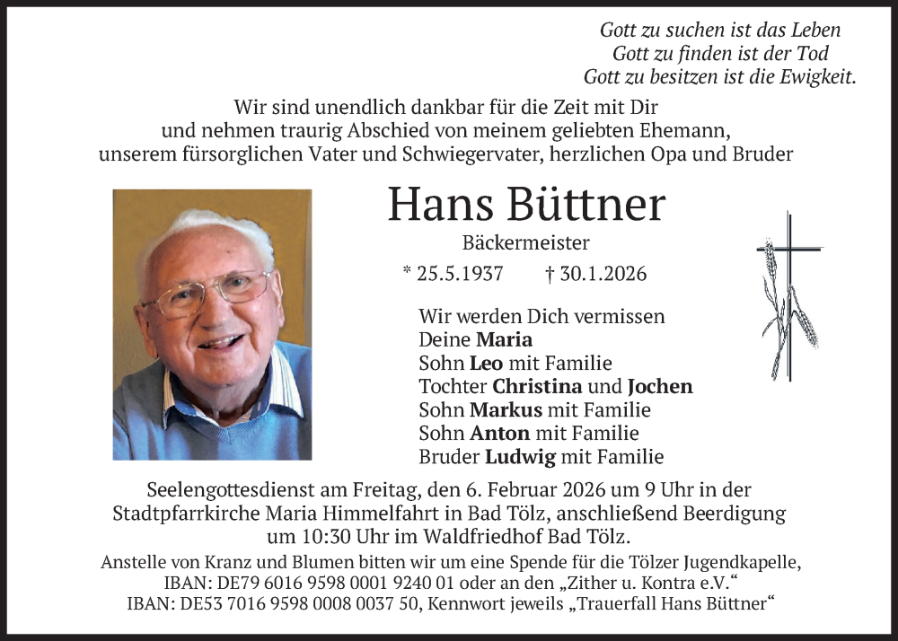 Traueranzeige für Hans Büttner vom 04.02.2026 aus merkurtz