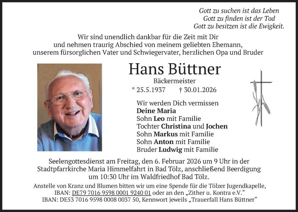  Traueranzeige für Hans Büttner vom 05.02.2026 aus merkurtz