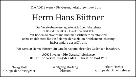 Traueranzeige von Hans Büttner von merkurtz