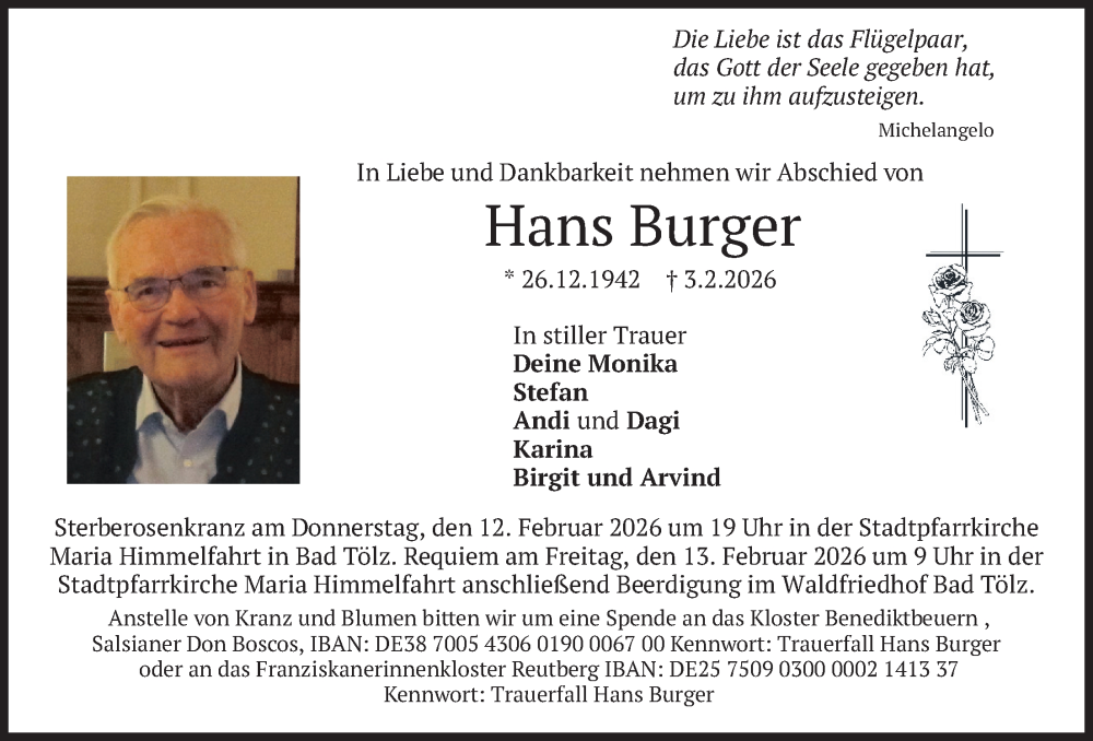  Traueranzeige für Hans Burger vom 07.02.2026 aus merkurtz