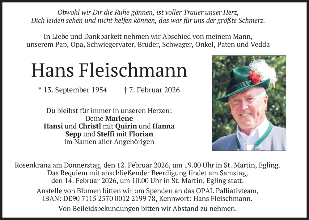 Traueranzeige für Hans Fleischmann vom 11.02.2026 aus merkurtz