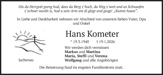 Traueranzeige von Hans Kometer von merkurtz