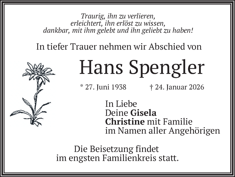  Traueranzeige für Hans Spengler vom 07.02.2026 aus merkurtz