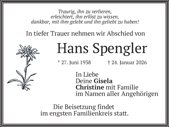 Traueranzeige von Hans Spengler von merkurtz