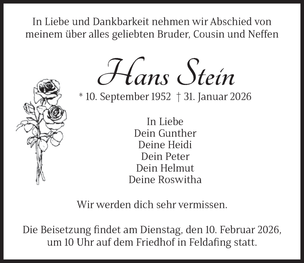  Traueranzeige für Hans Stein vom 07.02.2026 aus merkurtz