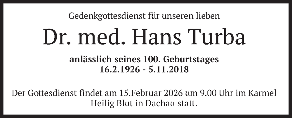  Traueranzeige für Hans Turba vom 13.02.2026 aus merkurtz