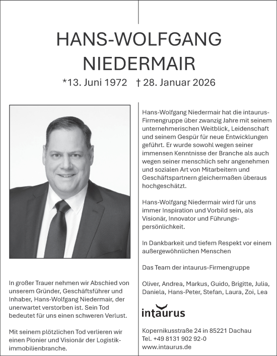 Traueranzeige von Hans-Wolfgang Niedermair von merkurtz