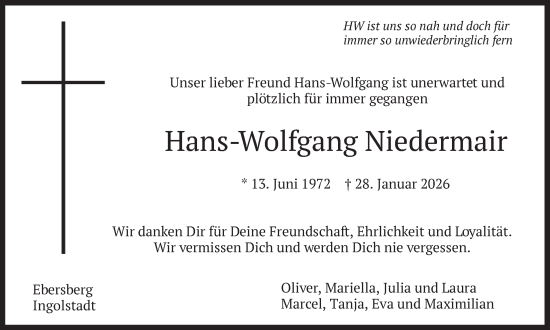 Traueranzeige von Hans-Wolfgang Niedermair von merkurtz