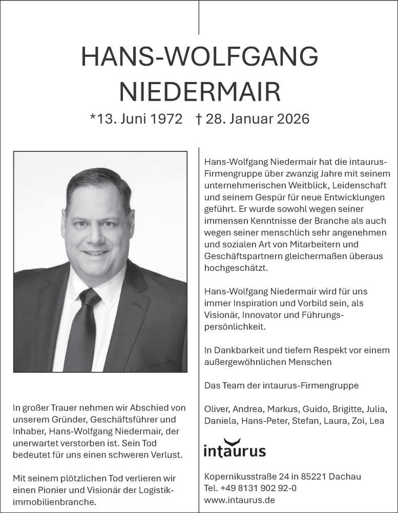  Traueranzeige für Hans-Wolfgang Niedermair vom 09.02.2026 aus merkurtz