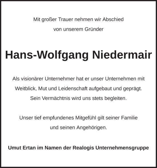 Traueranzeige von Hans-Wolfgang Niedermair von merkurtz