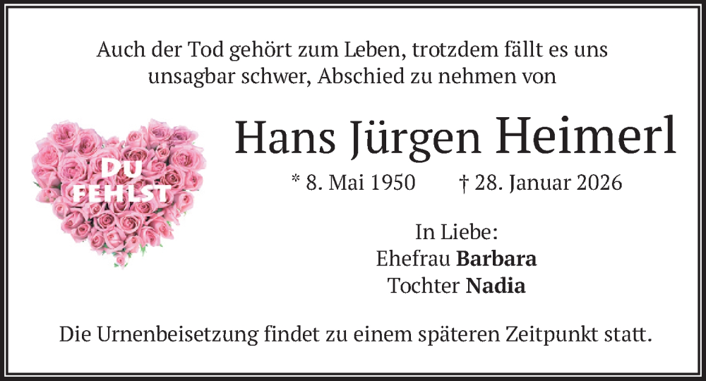  Traueranzeige für Hans Jürgen Heimerl vom 07.02.2026 aus merkurtz