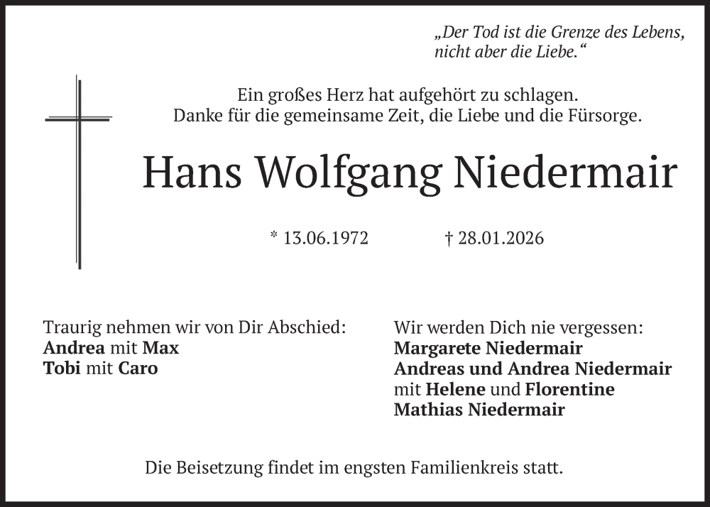  Traueranzeige für Hans Wolfgang Niedermair vom 07.02.2026 aus merkurtz