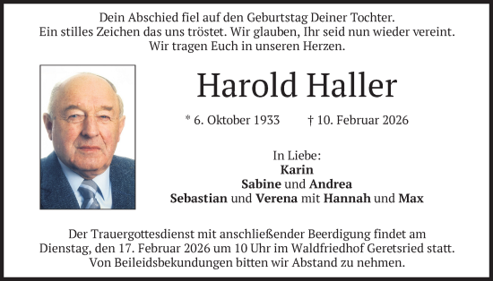 Traueranzeige von Harold Haller von merkurtz