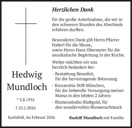 Traueranzeige von Hedwig Mundloch von merkurtz