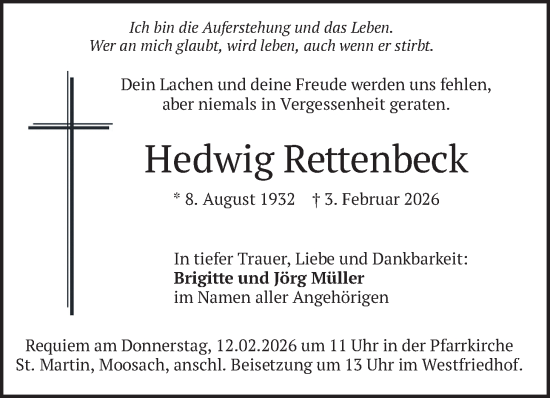 Traueranzeige von Hedwig Rettenbeck von merkurtz
