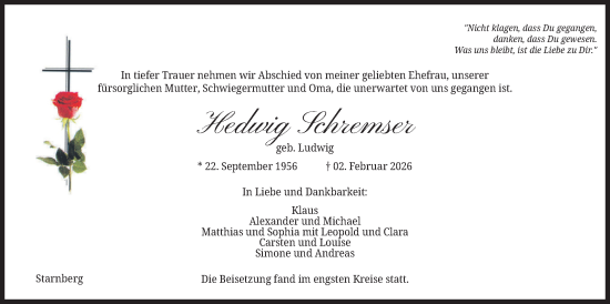 Traueranzeige von Hedwig Schremser von merkurtz