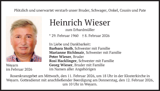 Traueranzeige von Heinrich Wieser von merkurtz