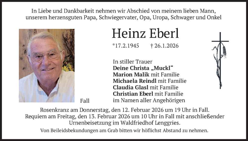  Traueranzeige für Heinz Eberl vom 07.02.2026 aus merkurtz