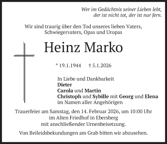 Traueranzeige von Heinz Marko von merkurtz