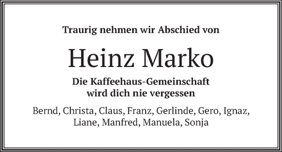Traueranzeige von Heinz Marko von merkurtz