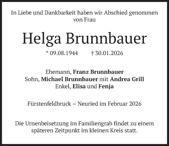 Traueranzeige von Helga Brunnbauer von merkurtz