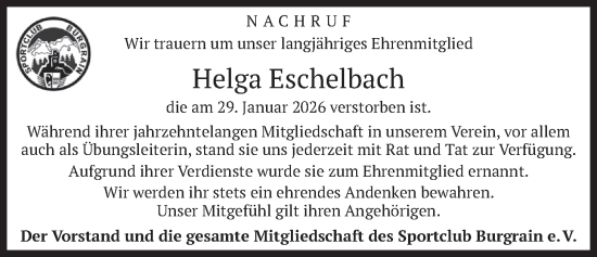 Traueranzeige von Helga Eschelbach von merkurtz