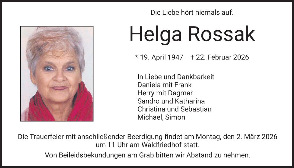  Traueranzeige für Helga Rossak vom 26.02.2026 aus merkurtz