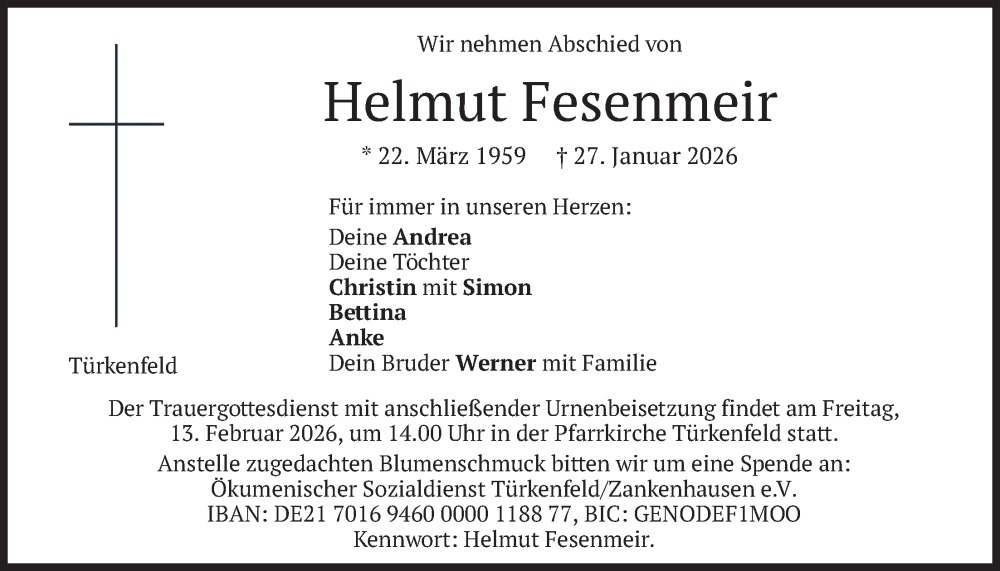 Traueranzeige für Helmut Fesenmeir vom 07.02.2026 aus merkurtz