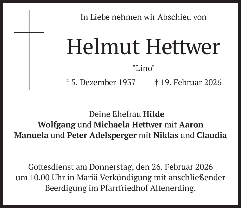  Traueranzeige für Helmut Hettwer vom 21.02.2026 aus merkurtz