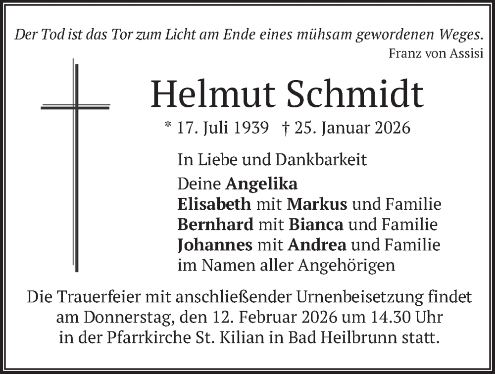  Traueranzeige für Helmut Schmidt vom 07.02.2026 aus merkurtz