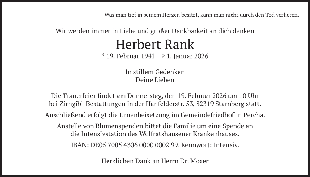  Traueranzeige für Herbert Rank vom 14.02.2026 aus merkurtz