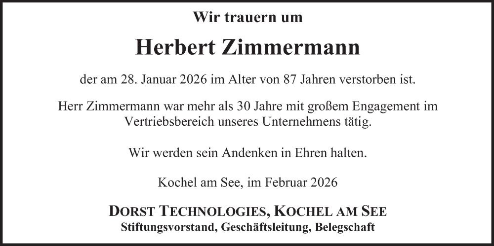  Traueranzeige für Herbert Zimmermann vom 14.02.2026 aus merkurtz