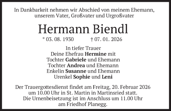 Traueranzeige von Hermann Biendl von merkurtz