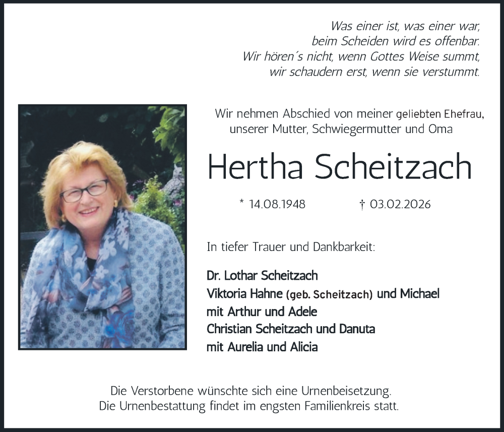  Traueranzeige für Hertha Scheitzach vom 11.02.2026 aus merkurtz