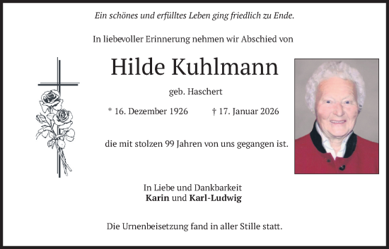 Traueranzeige von Hilde Kuhlmann von merkurtz