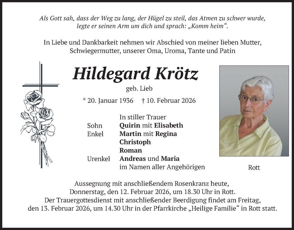  Traueranzeige für Hildegard Krötz vom 12.02.2026 aus merkurtz