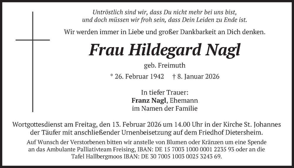  Traueranzeige für Hildegard Nagl vom 07.02.2026 aus merkurtz