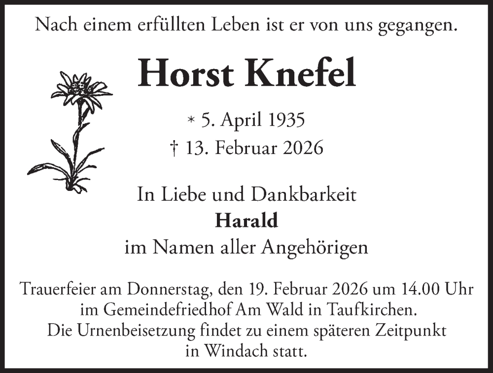  Traueranzeige für Horst Knefel vom 18.02.2026 aus merkurtz