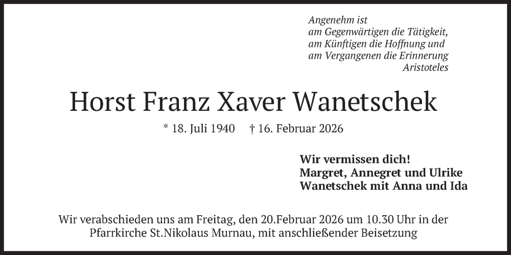  Traueranzeige für Horst Franz Xaver Wanetschek vom 18.02.2026 aus merkurtz