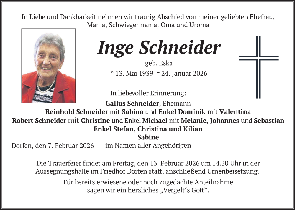  Traueranzeige für Inge Schneider vom 07.02.2026 aus merkurtz