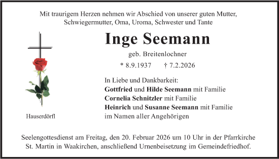 Traueranzeige von Inge Seemann von merkurtz