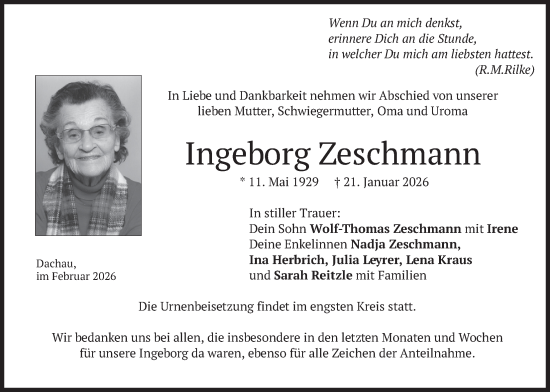 Traueranzeige von Ingeborg Zeschmann von merkurtz