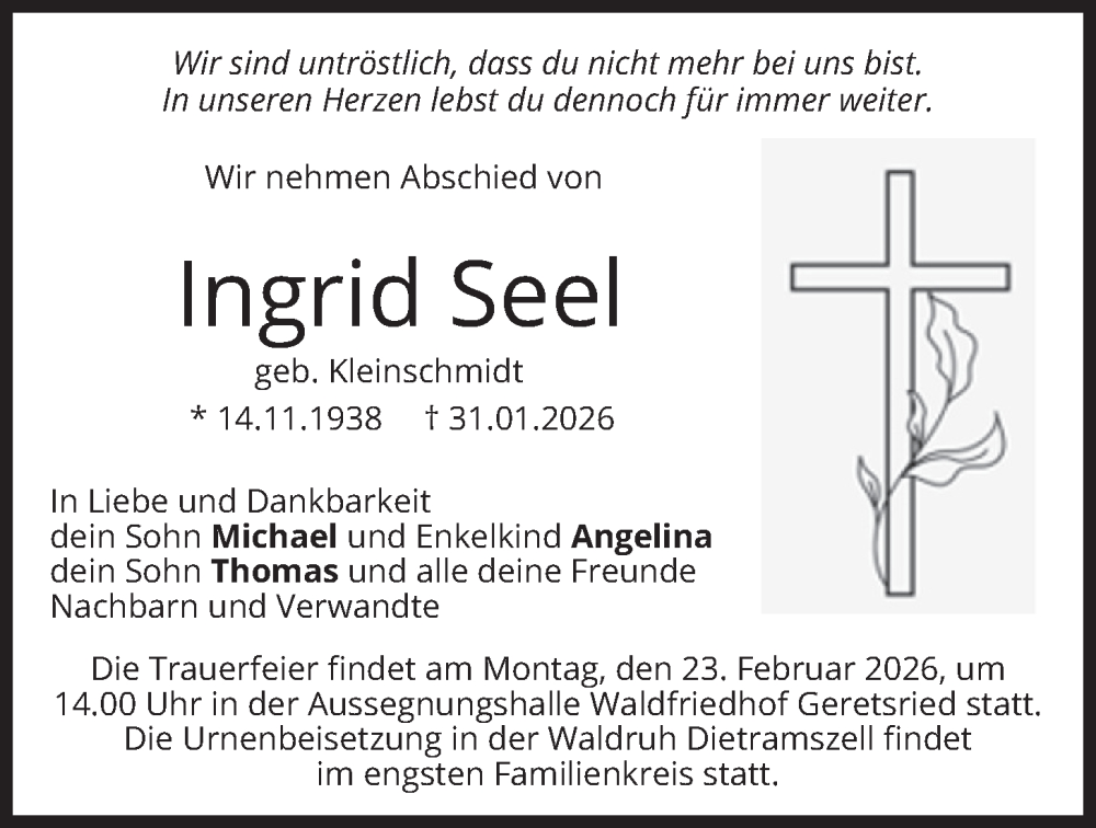  Traueranzeige für Ingrid Seel vom 14.02.2026 aus merkurtz