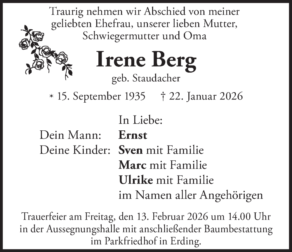  Traueranzeige für Irene Berg vom 07.02.2026 aus merkurtz