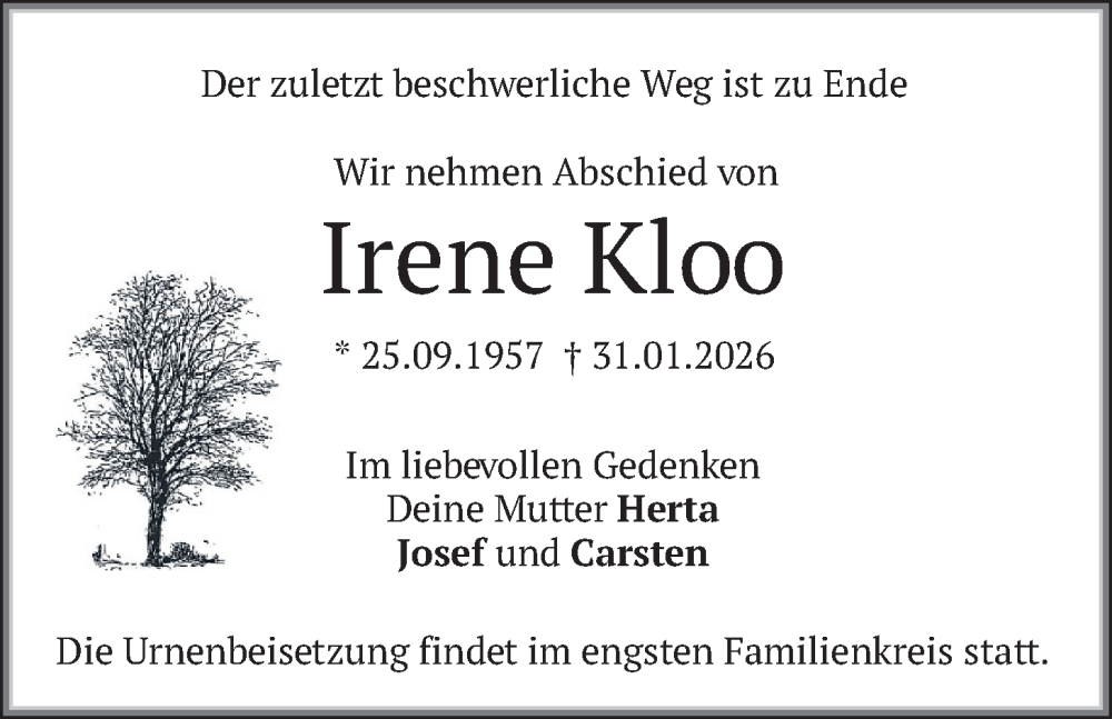  Traueranzeige für Irene Kloo vom 07.02.2026 aus merkurtz