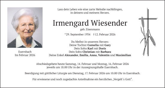Traueranzeige von Irmengard Wiesender von merkurtz