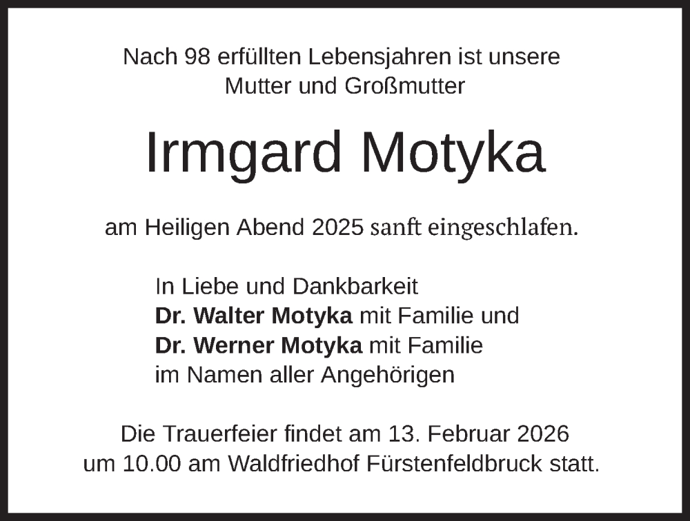  Traueranzeige für Irmgard Motyka vom 10.02.2026 aus merkurtz