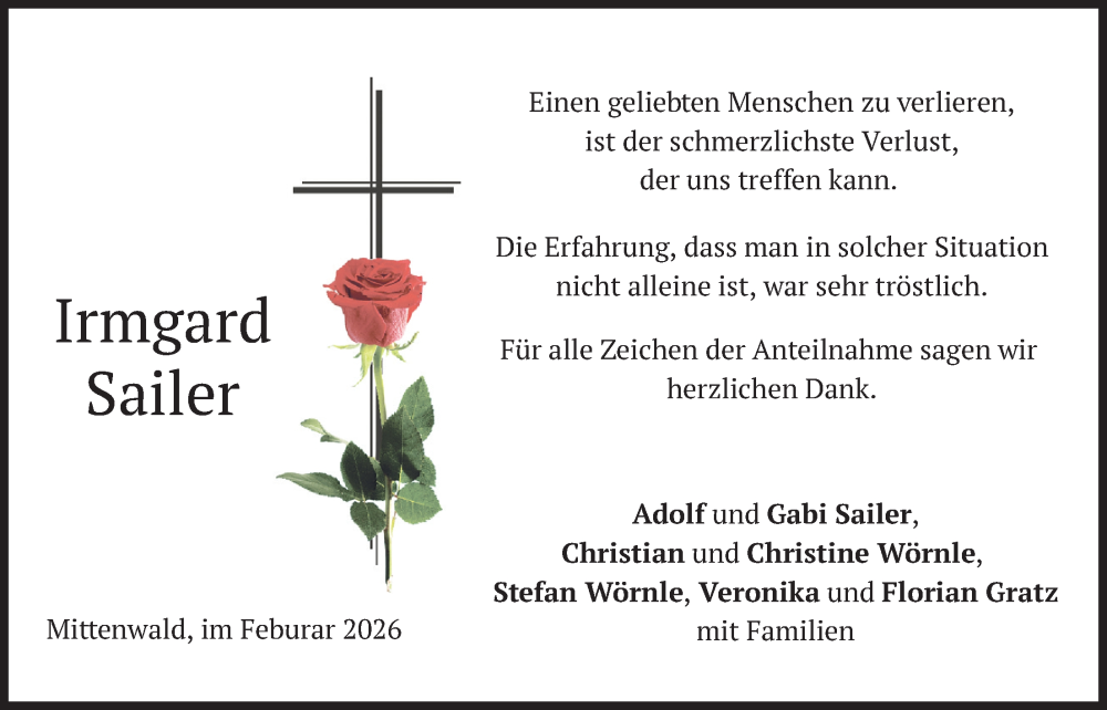  Traueranzeige für Irmgard Sailer vom 07.02.2026 aus merkurtz