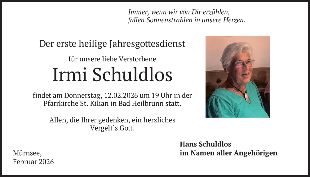  Traueranzeige für Irmi Schuldlos vom 07.02.2026 aus merkurtz
